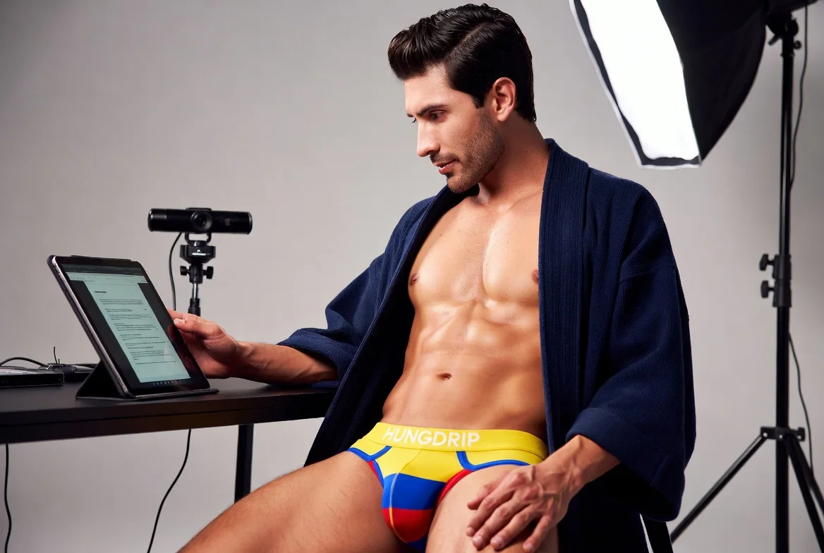 Attractive Colombian creator wearing HUNGDRIP underwear while reviewing a tablet